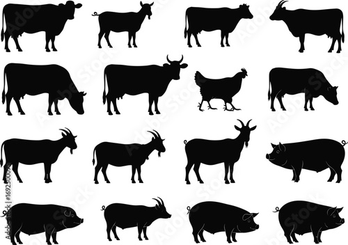 Farm animal silhouettes, cow, goat, pig, chicken illustration, livestock vector, black silhouette design, agriculture, rural farming, domestic animals collection