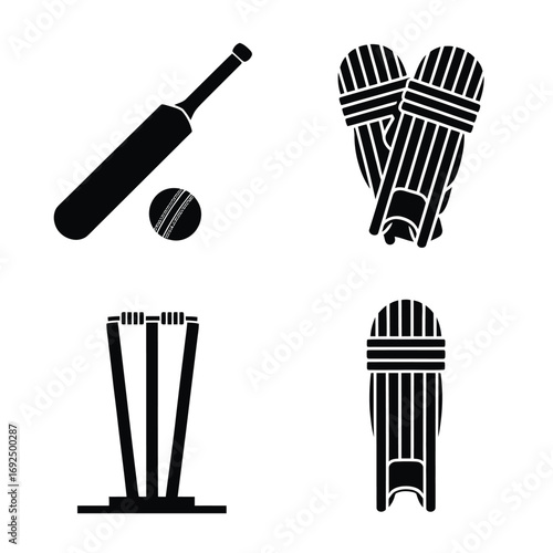 Cricket equipment silhouettes set bat ball wicket pads for sports design elements silhouette vector illustration white background