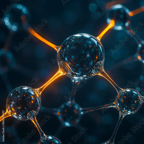Hyper-detailed macro futuristic nanostructure of glass molecules connected with glowing filaments, premium volumetric 3D illustration.

