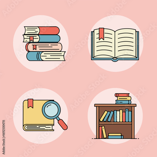 Bookish set Icons of books, magnifying glass, & bookshelf on light pink