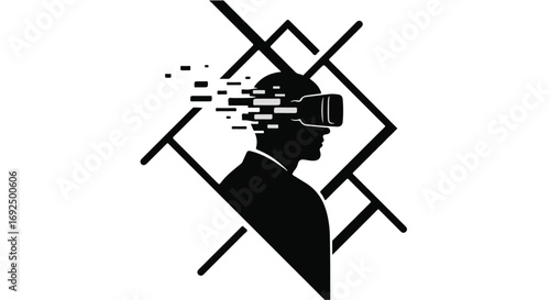 Futuristic silhouette of person wearing VR headset with digital stream emanating from head, symbolizing innovation