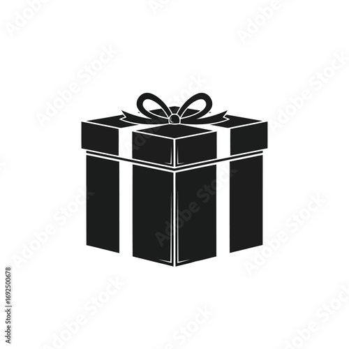 Simple black and white gift box icon with a ribbon and bow.