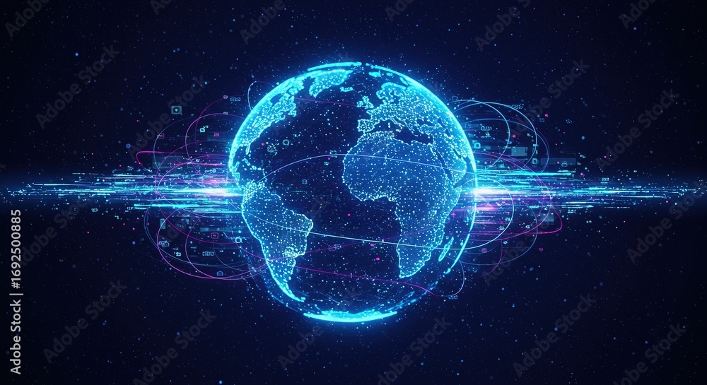 Obraz premium Abstract technology background a digital global network. It symbolizes business, people, travel, lifestyle, city, nature, and fashion connectivity