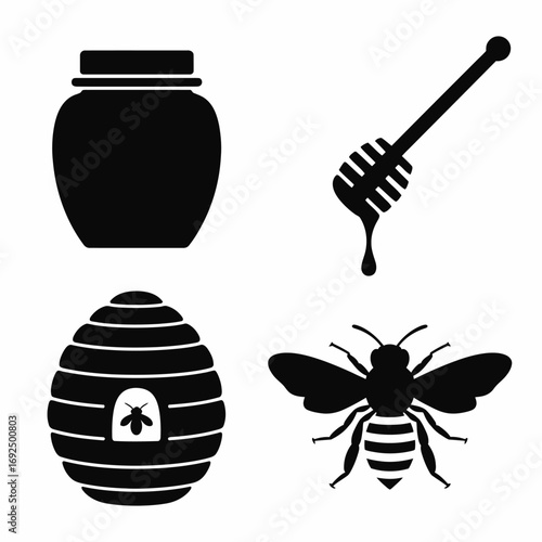 Minimalist black silhouettes of beehive honey jar bee and honey dipper icons silhouette vector illustration white background
