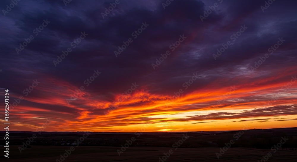 Fototapeta premium Fiery Sunset Over Rolling Hills: Dramatic Sky with Vivid Colors
