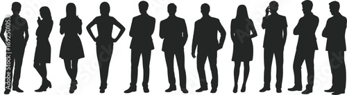 Silhouette of Business People Standing in a Row, Corporate Teamwork Concept, Professional Office Staff Isolated on White Background