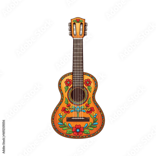 Ornate floral design adorning a classical guitar, vibrant colors and intricate patterns.