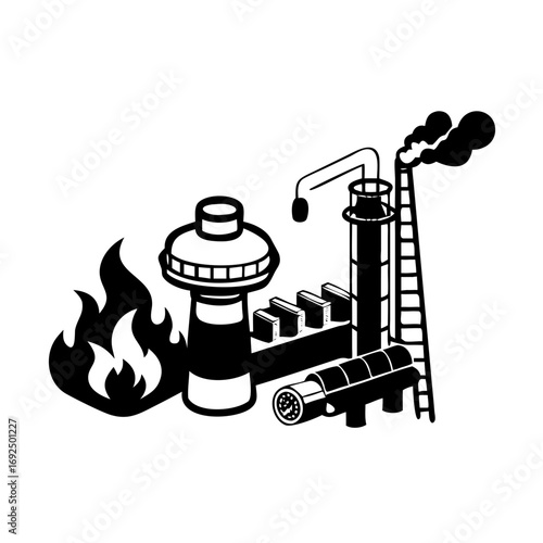 Vector art of oil refinery complex with flames and smoke, illustrating the industrial infrastructure for processing crude oil