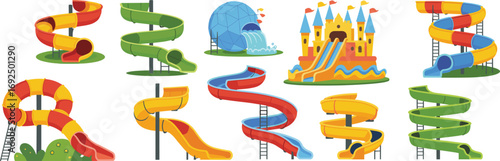 Colorful water slides collection, amusement park aqua rides, cartoon splash attractions, summer fun play zone, vector illustration for kids