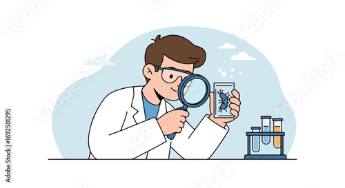 Scientist examines a bacteria specimen with a magnifying glass