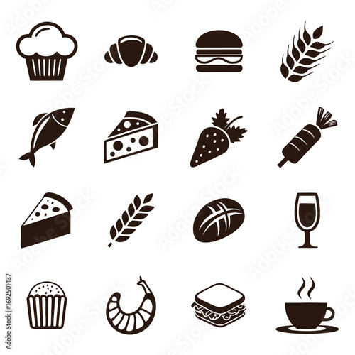 Diverse food icons collection featuring baked goods seafood vegetables and drinks for culinary designs