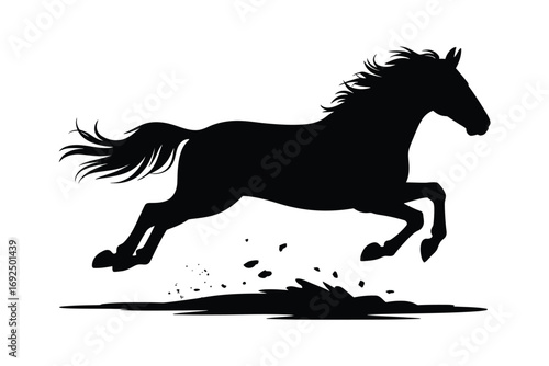 Dynamic black silhouette of a galloping horse in full stride motion silhouette vector illustration white background