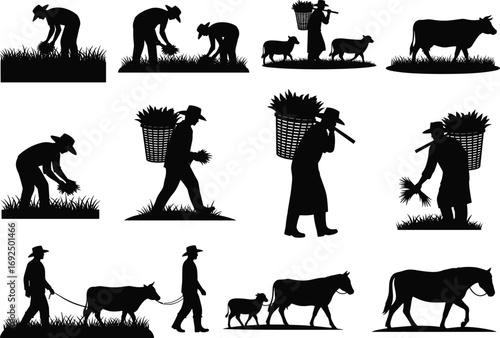 Farmer silhouettes, agriculture workers, rural lifestyle, harvesting crops, cattle and goats, traditional farming, livestock care, countryside work, black vector illustration