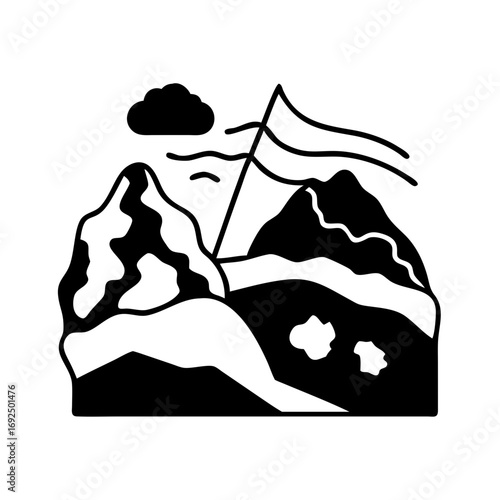 Vector art of mountain peak with flag, symbolizing achievement, success, overcoming challenges, and reaching goals in outdoor adventures