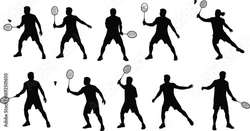 Vector illustration of multiple badminton players in dynamic action poses, holding rackets, hitting shuttlecock, showcasing sport, fitness, competition, and teamwork.