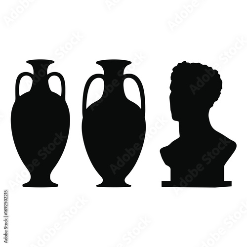 Classical silhouette art of ancient greek amphorae and bust of a man silhouette vector illustration white background
