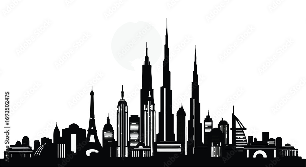 Fototapeta premium A detailed metropolitan city skyline silhouette showcasing modern high rise architecture and skyscrapers isolated on a white background for urban development or real estate advertising visuals.