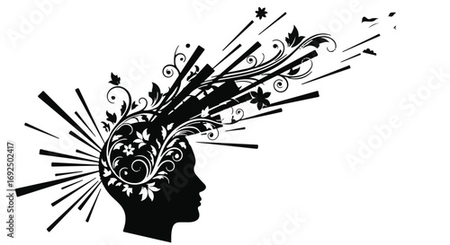 Creative explosion of ideas and nature emanating from a human head silhouette
