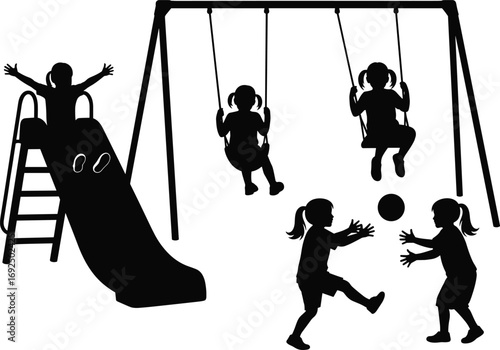 Silhouette of children playing on swings, slide, and ball, outdoor playground fun, active kids, childhood activity, summer playtime joy