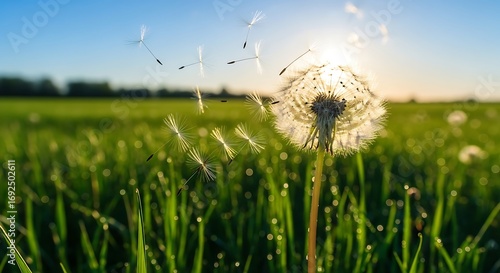 Dandelion seeds blowing in the wind.