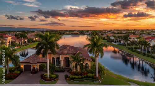 Fototapeta Naklejka Na Ścianę i Meble -  Luxurious Waterfront Home at Sunset Reflecting on Calm Waterways in Upscale Community, Florida