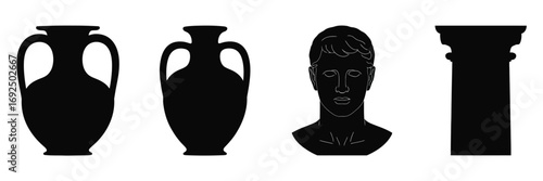 Ancient greek pottery and architectural elements silhouette collection silhouette vector illustration white background