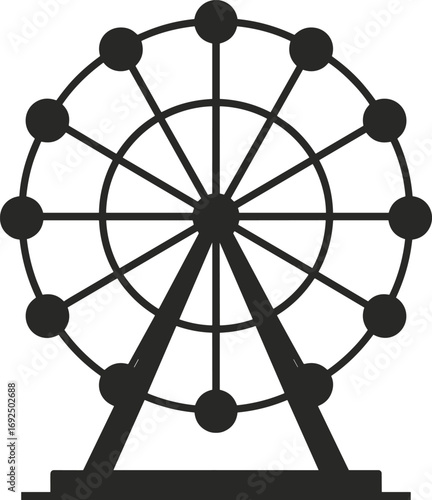 Ferris wheel amusement park ride silhouette, carnival attraction vector, fun fairground entertainment, giant wheel structure, outdoor leisure activity