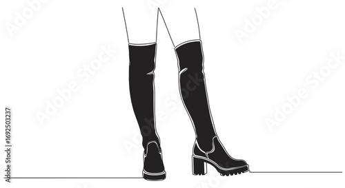 Stylish woman wearing black over-the-knee boots in monoline style, transparent background  
