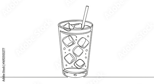 Line drawing of a drink with ice cubes in a transparent glass  