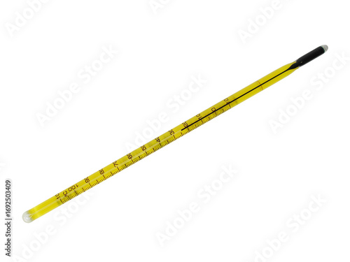 Glass thermometer with black liquid isolated on white background