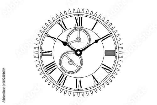 Detailed antique clock face with roman numerals and dual dials monochrome line art silhouette vector illustration white background