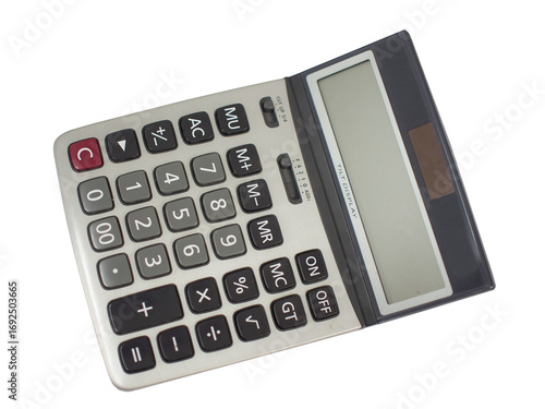 Desktop calculator with large buttons and tilt display isolated on white background