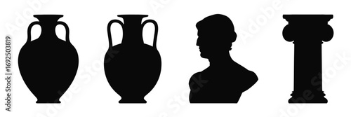 Ancient greek amphorae bust sculpture and column silhouettes historical artifacts set silhouette vector illustration white background