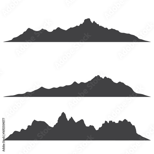Three distinct jagged mountain range silhouettes for outdoor adventure and design projects silhouette vector illustration white background
