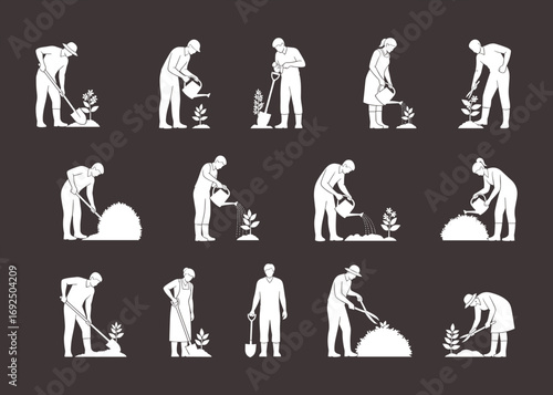Gardening silhouettes, people planting, watering plants, working in garden, farm labor, horticulture care, garden maintenance, agriculture workers, plant growing illustration