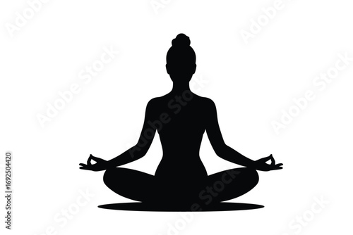 Serene woman silhouette in lotus pose practicing meditation and yoga for inner peace silhouette vector illustration white background