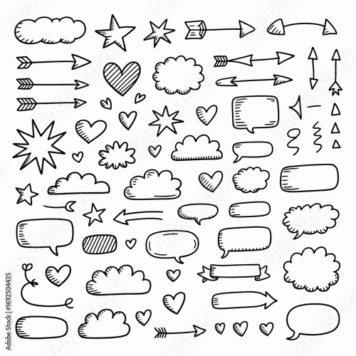 Hand drawn doodle elements collection of clouds stars hearts arrows and speech bubbles for design silhouette vector illustration white background