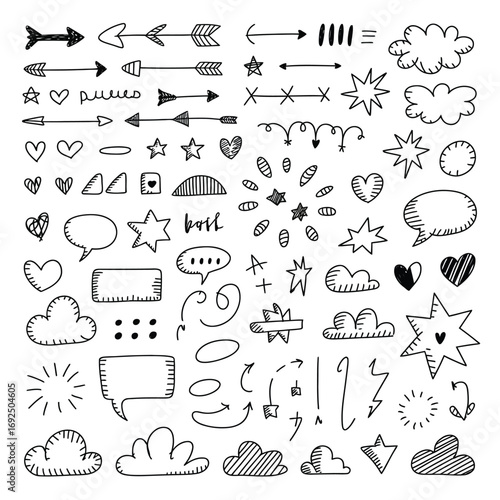 Hand drawn doodle elements collection fifty unique icons for creative design projects silhouette vector illustration white background