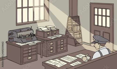 A cluttered jail record office with old wooden desks, typewriters, filing cabinets full of prisoner records, and a police officer stamping papers. The scene has dusty sunlight beams and realistic deta
