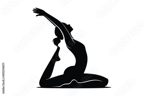 Black silhouette of woman in graceful king pigeon pose demonstrating yoga flexibility and balance silhouette vector illustration white background