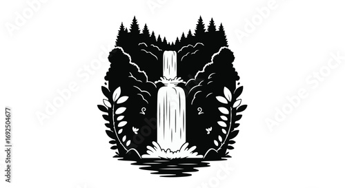 Serene black and white illustration of a majestic waterfall flowing through a lush forest scene.