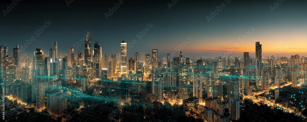 Fototapeta premium Evening Cityscape with Smart Grid Technology in Action