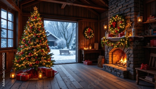 Wallpaper Mural Cozy Winter Cabin Interior with Christmas Tree, Firewood, and Holiday Decorations in a Snowy Landscape Setting Torontodigital.ca