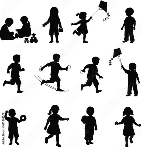Silhouettes of children playing, running, flying kites, outdoor kids activities, happy childhood, playful kids, teamwork, fun, movement, energetic, kids silhouettes, joyful, active, nature, childhood 