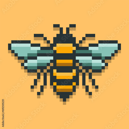 A bee in a classic pixel art style, featuring a top-down view of the insect with its iconic striped body and delicate wings. A perfect symbol for nature, honey and environmental themes