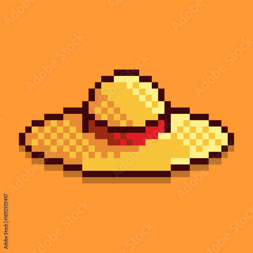 A Classic straw sun hat with a red ribbon, designed in a charming retro pixel art style. This 8-bit illustration is a perfect symbol for summer, vacation, and sunny days