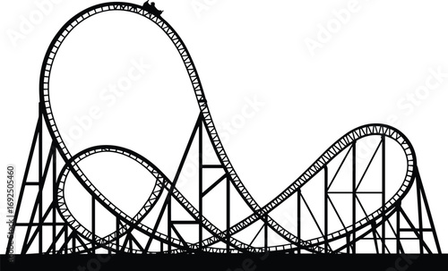 High thrilling roller coaster ride silhouette with loops, steep drops, steel frame structure, amusement park attraction, adrenaline rush, fun entertainment