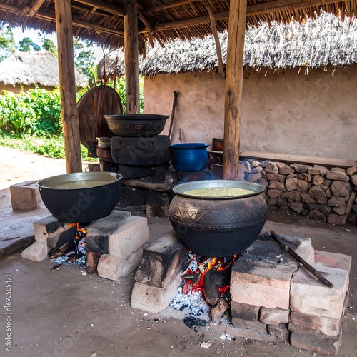 Outdoor cooking area with large pots