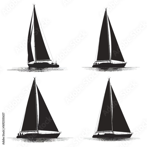 Four silhouette sailboat icons representing maritime adventure and nautical sport silhouette vector illustration white background