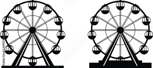 Ferris wheel silhouettes with gondolas, amusement park rides, carnival attractions, entertainment icons, fairground fun, outdoor festival symbols, leisure, recreation, holidays
